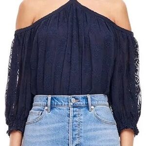 Rebecca Taylor open shoulder Selina Silk Top Navy Size 8